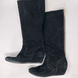 Via Neroli Black Suede Leather Knee High Hidden Wedge Zip Boots Size 6